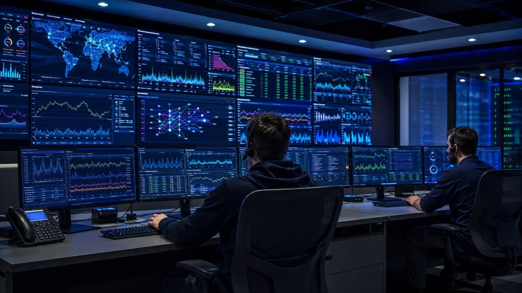 Network operations room with monitoring displays